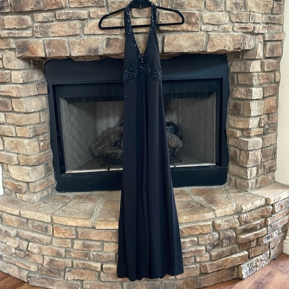 DE LARU by Sheila Yen black halter gown with front slit. Embellished top. 7/8